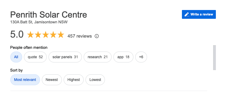 A google search page showing a rating for a solar centre.
